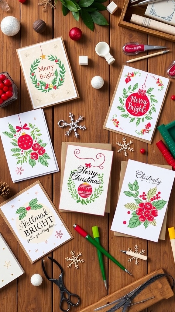 A display of colorful Christmas cards made with Graphic 45 Merry & Bright papers on a wooden table.